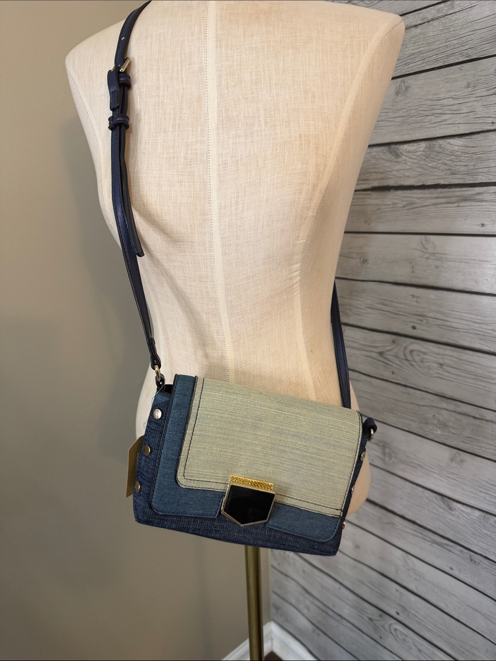 Two-Tone Denim Crossbody Bag in Light Blue and Navy